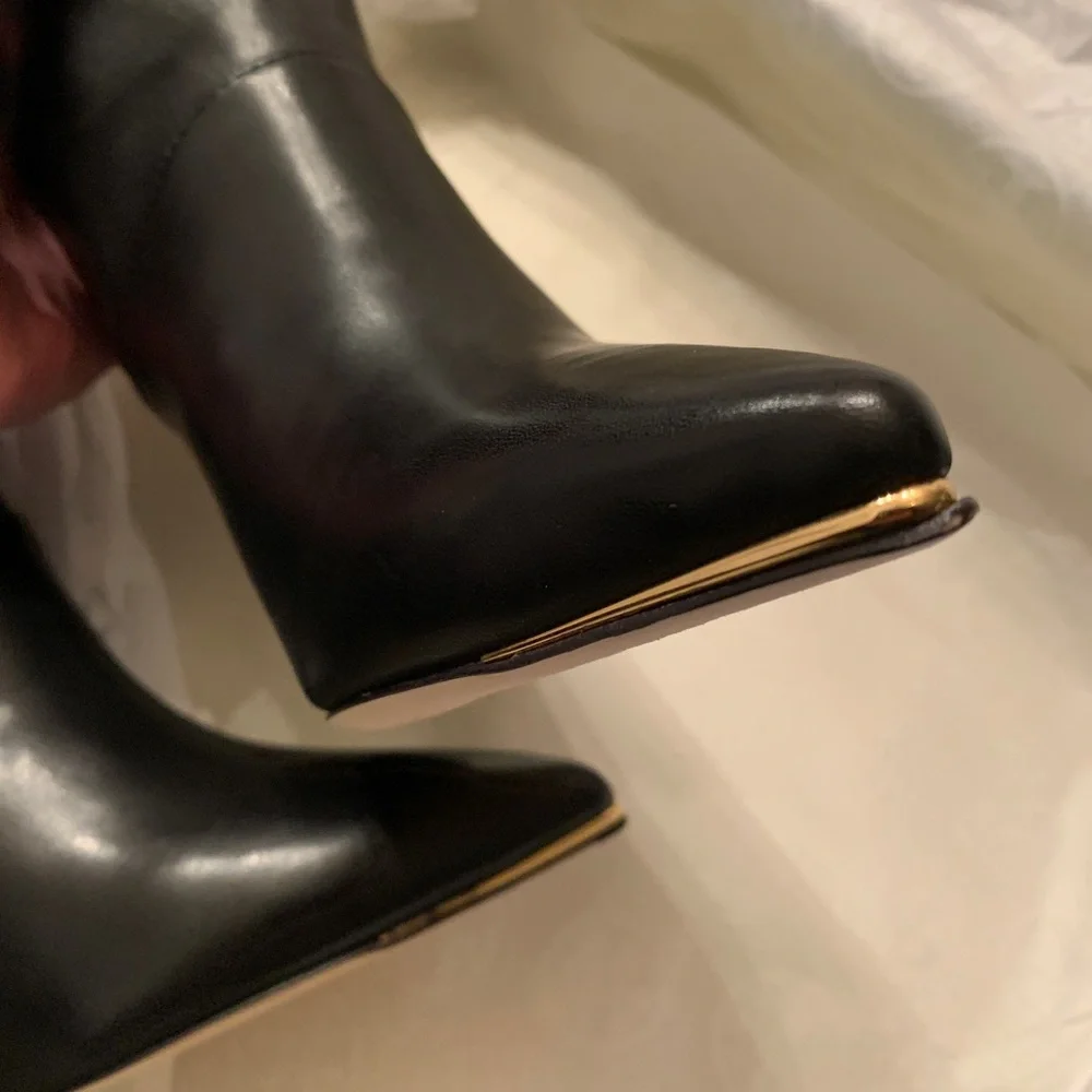 SOLD⛔️TORY BURCH SOFT LEATHER Knee high 3.6" heel pointy gold tip toe boots - Picture 6 of 16